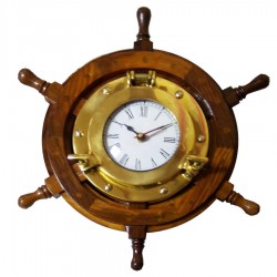 Rueda de timón madera 33cm, con reloj latón 15cm