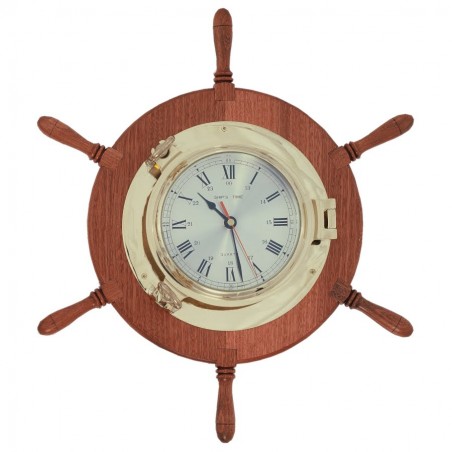 Brass watch 22cm on wooden rudder wheel 48cm