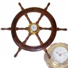 Rudder wheel of wood 77cm with brass watch 15cm