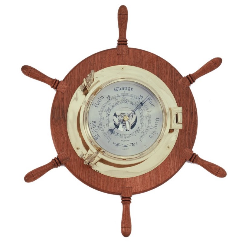 Brass barometer 22cm on wooden rudder wheel 48cm