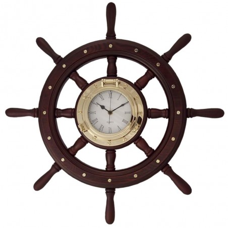 Wooden rudder wheel 60cm with brass porthole watch