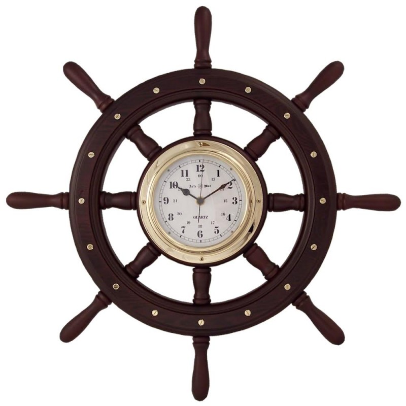 Wooden rudder wheel 60cm with brass watch