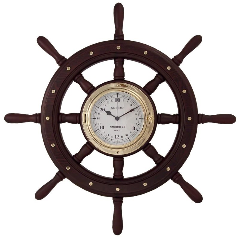 Rueda de timón madera 60cm con reloj 24H de latón