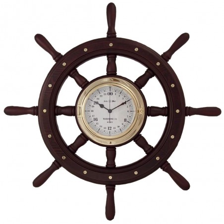 Wooden rudder wheel 60cm with brass 24 hours watch