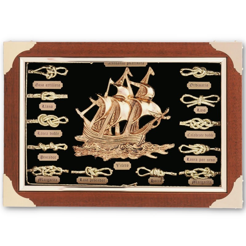 Knotboard with gilded sailboat and knots