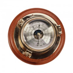 Barómetro ojo de buey de latón 22cm, base madera