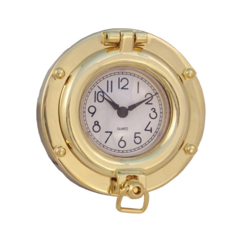 Polished brass porthole clock 8.5cm