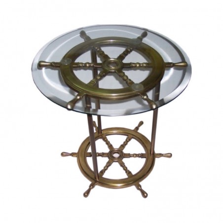 Brass rudder wheel table with glass 50x50cm