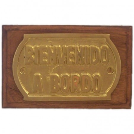 Brass plate "Bienvenido a bordo" on wooden wall board 14x9cm
