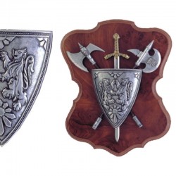 Panoplia con escudo, espada y 2 hachas