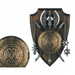 Panoplia con escudo, hacha y 2 manguales